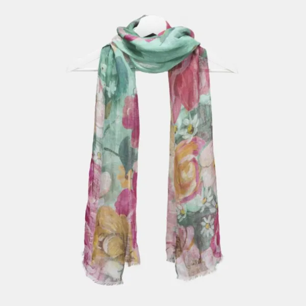 National Trust Powder Impressionist Floral Teal Linen Scarf Hot