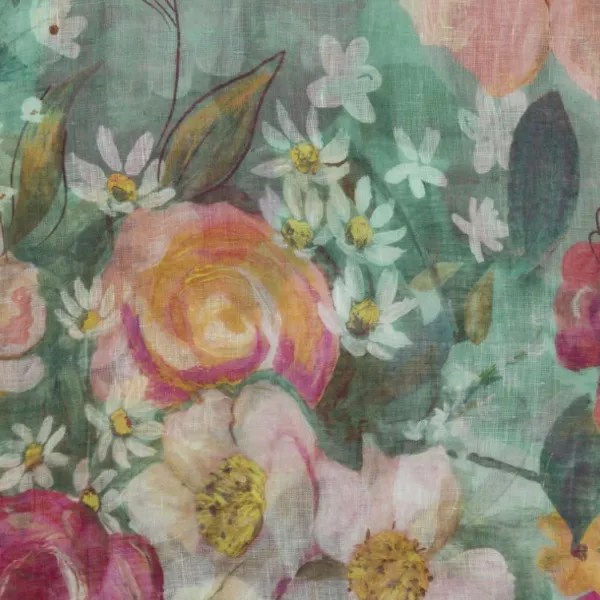 National Trust Powder Impressionist Floral Teal Linen Scarf Hot