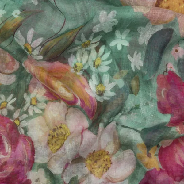 National Trust Powder Impressionist Floral Teal Linen Scarf Hot